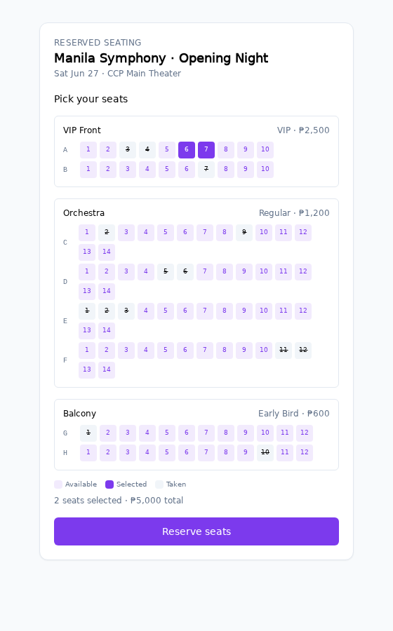 Celebrio reserved seating picker showing VIP Front, Orchestra, and Balcony sections with color-coded available, selected, and taken seats