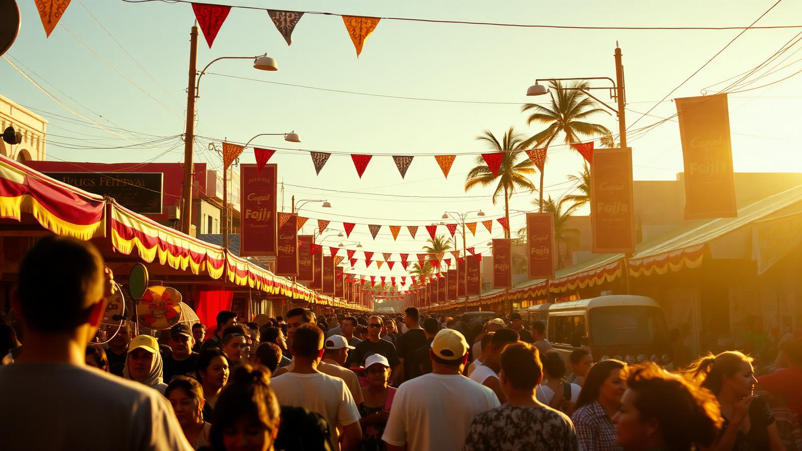 Filipino fiesta street festival at golden hour