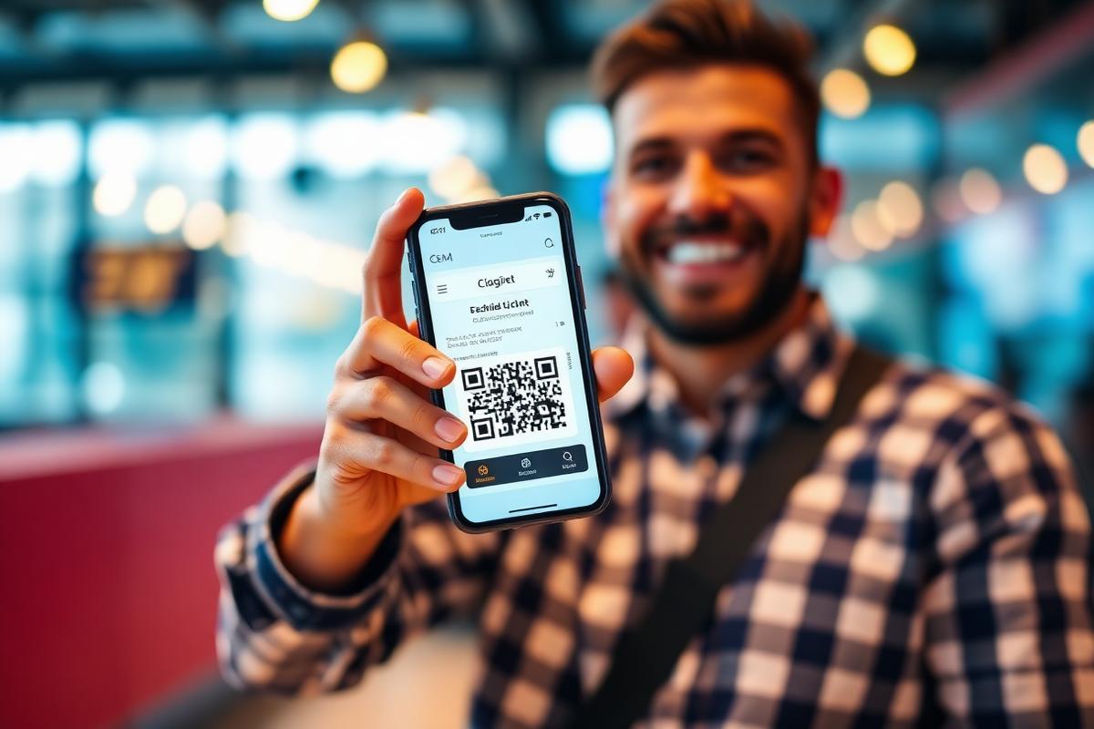 Customer holding a phone showing a digital event ticket