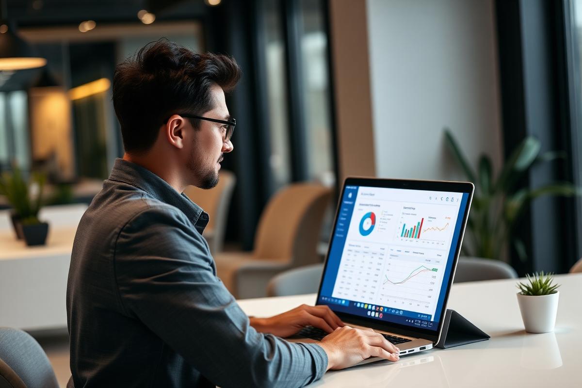 Event organizer reviewing ticket sales analytics on a laptop